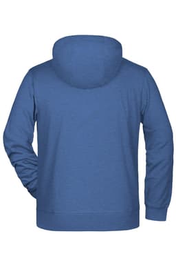 A blue men's zip hoodie featuring a hood and long sleeves, with a logo on the back.