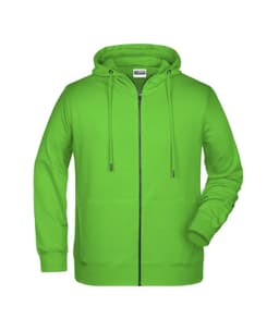 A green men's zip hoodie featuring a front zipper and adjustable drawstrings on the hood. It has a logo present.