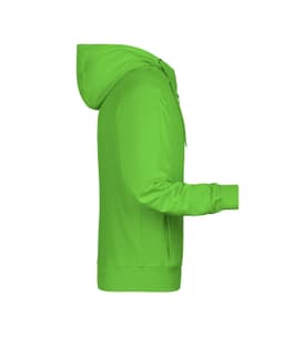 A men's zip hoodie in bright green, featuring a hood and long sleeves. Includes a logo on the front.