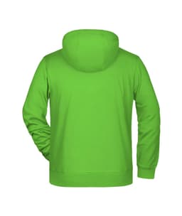 A vibrant green men's zip hoodie, featuring a hood and a back view design. Includes a logo.