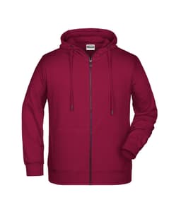 A maroon zip hoodie with a front zip, drawstrings, and a logo. Ideal for casual wear.