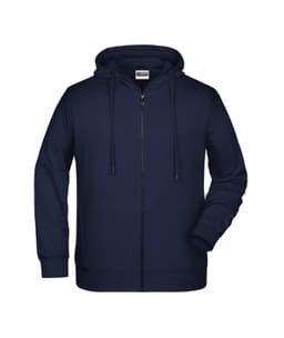 A navy zip hoodie with a hood, long sleeves, and front pockets. The garment features a logo on the label.