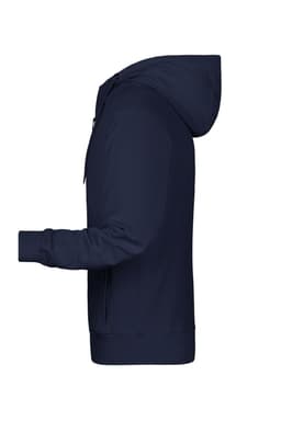 A navy men's zip hoodie featuring a hood and full-length sleeves. It has a logo on the front.