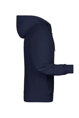 A navy men's zip hoodie featuring a hood and long sleeves, with a logo on the front.