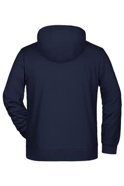 A men's zip hoodie in navy blue with a hood and long sleeves. It has a logo on the design.