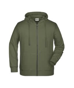 A men's zip hoodie in olive green, featuring a hood, front pockets, and a zip closure. It has a logo on the label.
