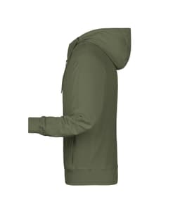 A olive green men's zip hoodie with a hood and front pockets, featuring a logo on the chest.