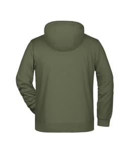 A men's zip hoodie in olive green, featuring a back view and a hood. It has a plain design and includes a logo.