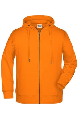 An orange zip hoodie with a front pocket and adjustable drawstring hood. It features a logo on the chest.