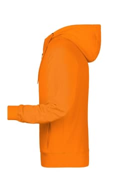 An orange men's zip hoodie featuring a hood and a side view design. It includes a logo.