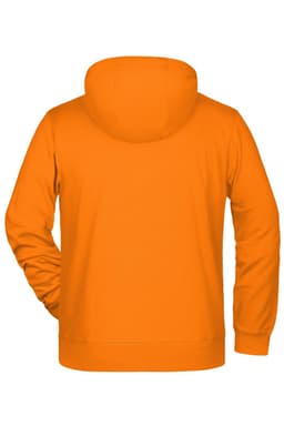 An orange men's zip hoodie with a hood, featuring a plain back design. The hoodie has a logo on it.