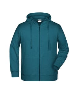 A men's zip hoodie in a teal colour, featuring a front zipper and a hood, with long sleeves and a simple design.