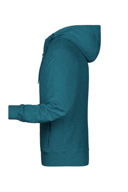 A teal men's zip hoodie with a side view, featuring a hood and a logo on the front.