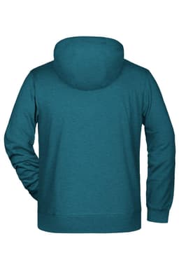 A teal men's zip hoodie, featuring a hood and a back view, with a logo on the side.