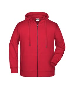A red men's zip hoodie with a front pocket and drawstring hood. It features a logo on the label.