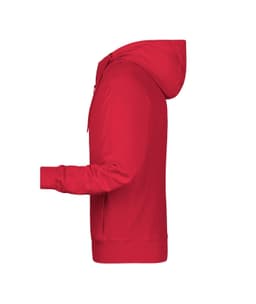 A red men's zip hoodie with a hood and long sleeves, featuring a logo on the front.