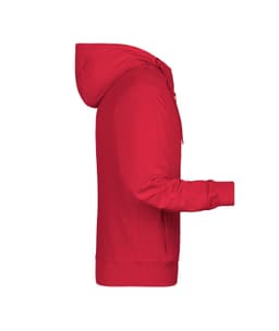 A red men's zip hoodie featuring a hood and long sleeves, with a logo on it.