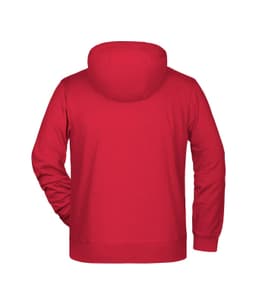 A red men's zip hoodie with a hood, featuring long sleeves and a plain back design.