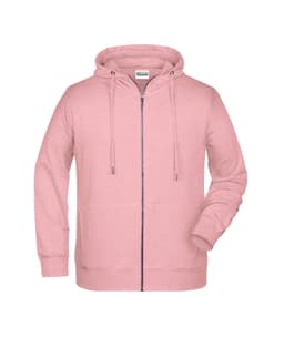 A men's zip hoodie in a soft pink colour with a drawstring hood and front zip. Features a logo on the chest.