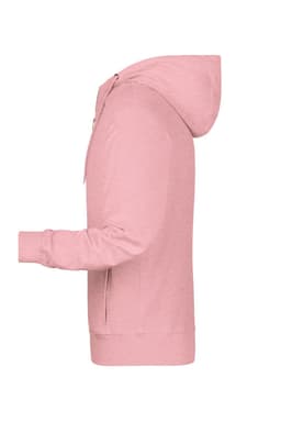 A pink men's zip hoodie featuring a hood and long sleeves. It has a logo on the front.