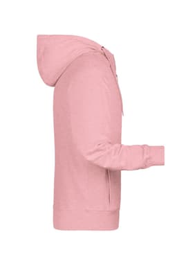 A pink men's zip hoodie featuring a hood and zip closure, with long sleeves and a side view design.