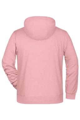 A pink men's zip hoodie with a hood and a relaxed fit, featuring a plain back design.
