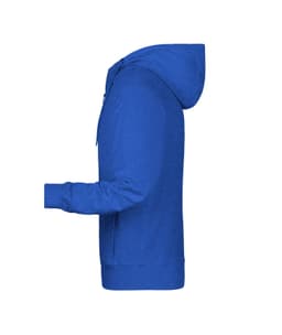 A blue men's zip hoodie featuring a hood and front pockets, alongside a logo on the garment.