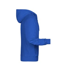 A side view of a men's zip hoodie in a vibrant blue colour, featuring a pocket and a hood. It has a logo.