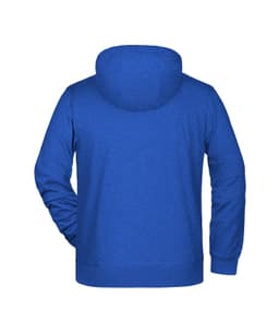 A men's zip hoodie in bright blue, featuring a hood and long sleeves, with a logo on the back.