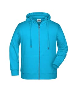 A turquoise zip hoodie featuring a front pocket and a hood. It includes a logo on the label.