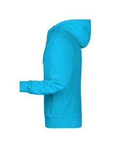 A turquoise zip hoodie with a hood, featuring a side profile view and long sleeves. It has a logo on it.