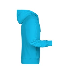 A zip hoodie in bright turquoise, featuring a hood and long sleeves, with a logo present.