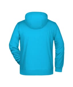 A vibrant turquoise men's zip hoodie with a hood and a soft fabric texture, featuring a logo on the back.