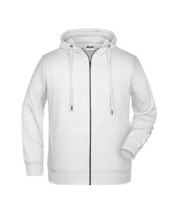 A white zip hoodie with a front zip closure, drawstring hood, and pockets, featuring a logo.