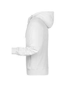A white men's zip hoodie displayed from the side, featuring a drawstring hood and a logo.