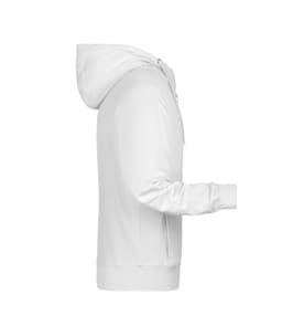 A white men's zip hoodie displayed from the side, featuring a hood and long sleeves. Includes a logo.