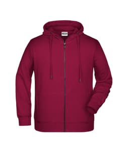 A burgundy zip-up hoodie with a drawstring hood and two front pockets, featuring a logo.