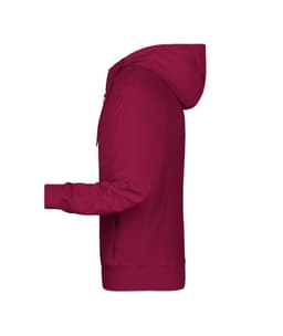 A maroon men's zip hoodie with a side view, featuring a hood and long sleeves. It has a logo on the front.