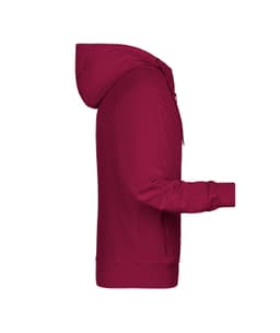 A maroon men's zip hoodie with a hood and long sleeves, featuring a logo on the chest.