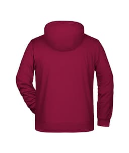 A maroon zip hoodie with a hood, showcasing a solid back design. Features a logo on the fabric.