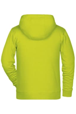 A bright yellow children's zip hoodie with a hood and a straight cut, featuring a logo on the back.