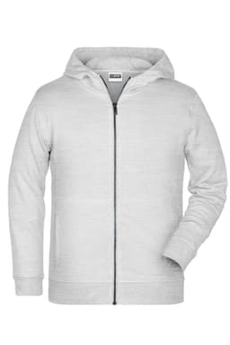 A light grey children's zip hoodie with a front zipper and an attached hood. It features a logo on the chest area.