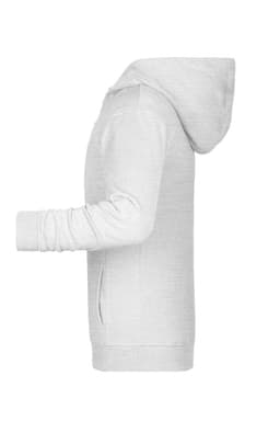 A children's zip hoodie in light grey, featuring a hood and long sleeves. It has a logo on the front.