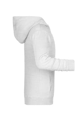 A children's zip hoodie in light grey, featuring a hood and long sleeves. The design has a logo on it.