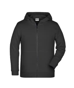 A children's zip hoodie in black with a front zipper and a hood, featuring a branded logo.