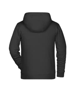 A children's zip hoodie in black, featuring a hood and a simple back design. It has a logo on the back.