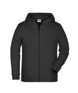 A children's zip hoodie in charcoal grey with a front zip and a hood, featuring one logo.