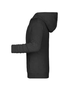 A children's zip hoodie in dark grey with a hood and front pockets, featuring a logo.