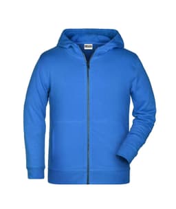 A blue children's zip hoodie featuring a hood and long sleeves, with a front zipper. It has a logo on the label.