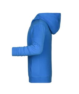 A blue children's zip hoodie with a hood and side pockets, featuring a logo on the front.